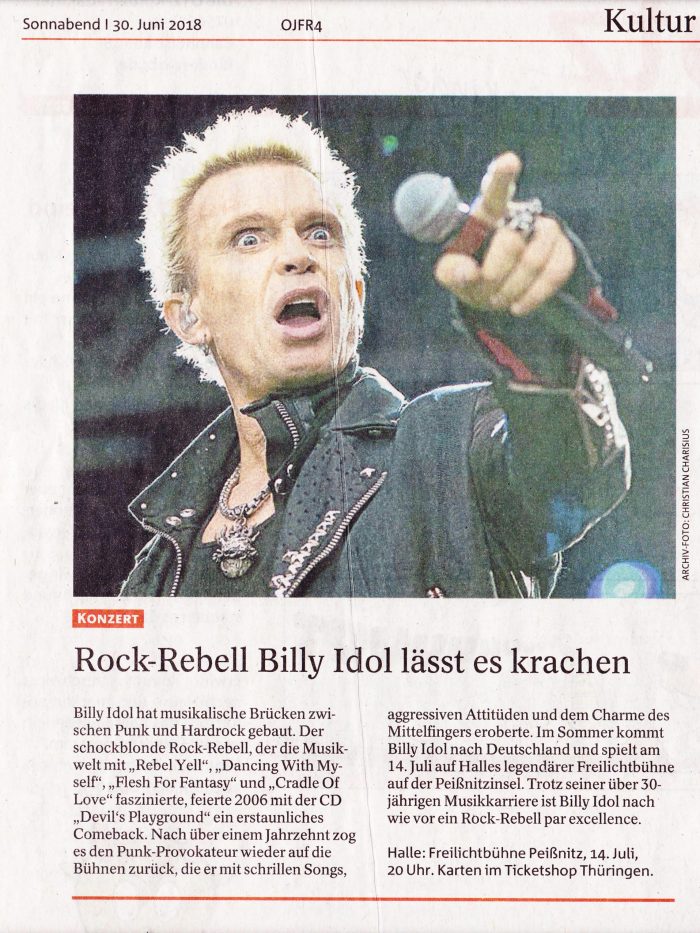 Billy Idol in Halle (Saale), Ostthüringer Zeitung vom 30.06.2018